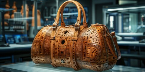 Luxury handbag made of intricately carved wood, nestled in a high-tech laboratory 