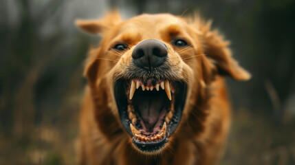 Very aggressive rabid dog with big teeth and dangerous furious look. Attack of scary wild dog on people - obrazy, fototapety, plakaty