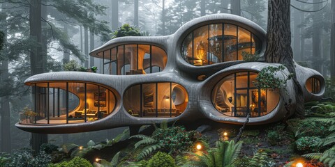 Organic curved pod home perched atop a towering redwood in a misty forest 
