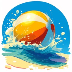 Beach ball clipart bouncing off a beach towel - obrazy, fototapety, plakaty
