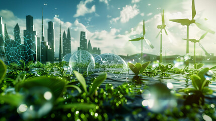 Sustainable Cityscape with Wind Energy and Greenery
. A visionary cityscape that merges modern wind turbines and lush green foliage, representing a harmonious blend of urban life and sustainable energ - obrazy, fototapety, plakaty