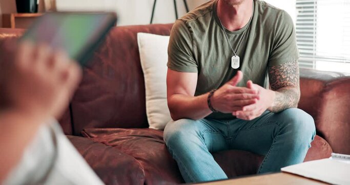 Psychology, therapist and man on sofa for counseling, discussion and help in ptsd, trauma or stress. Mental health, psychologist and veteran on couch for consultation, treatment or healthcare support