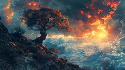 Fantasy landscape where the veil between the living and the dead is lifted, revealing a surreal panorama of existence.