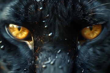 Close Up of a Black Cats Face With Yellow Eyes - obrazy, fototapety, plakaty