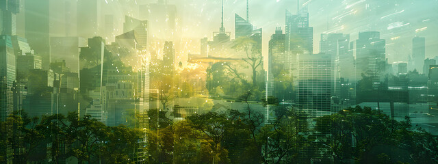 A vibrant and colorful double exposure image featuring a green city concept with a blend of urban buildings and nature.