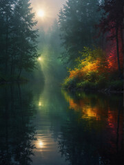 Fototapeta premium Tranquil Lake at Sunset with Reflective Trees and Dramatic Clouds
