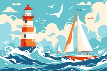 Naklejka premium Lighthouse clipart guiding ships to shore