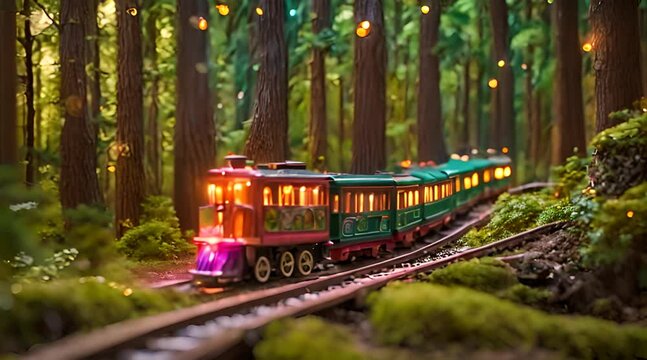 Colorful Miniature Trains in Enchanted Forest Settings