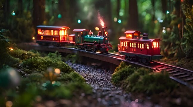 Colorful Toy Trains Meandering Through Enchanting Forest Scenery