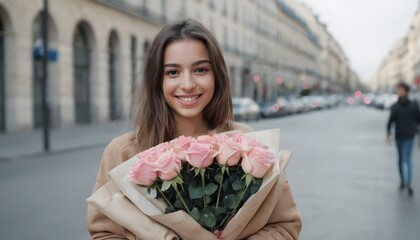 French woman holding flowers on the street 