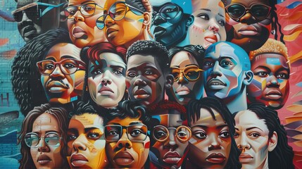 Vibrant Mural of Diversity, mural painting depicting the diverse and rich tapestry of human expression and identity through a spectrum of colorful portraits