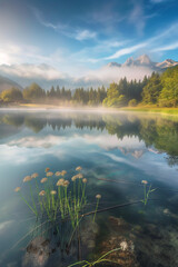landscape with a peaceful lake at sunrise with large and a thin mist surrounded by mountains, reflections in the still water, peaceful scene, photorealistic // ai-generated 