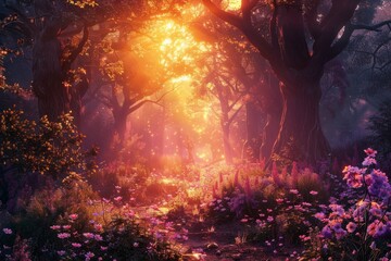 As the sun dipped below the horizon, the magical forest was bathed in a warm, golden glow.