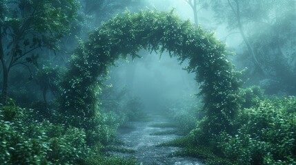 Enchanting vine-covered arch in misty fairy tale woods, a springtime 3D art masterpiece.