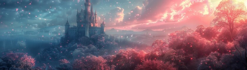 Sleeping beauty's castle, overgrown with thorns, mysterious aura.