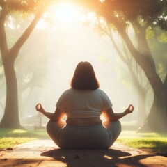 overweight young woman meditating in a park in the early morning