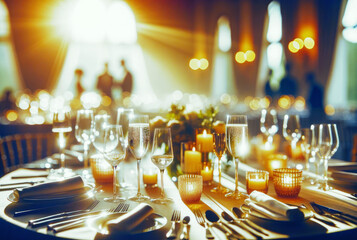 An elegantly set wedding table bathed in a warm, inviting ambiance. The setting sun pours a golden glow into the room, accentuating the glasses filled.png - obrazy, fototapety, plakaty