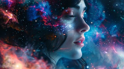 Surreal illustration of a girl's head surrounded by stars and nebulae, depicting her mind lost in...