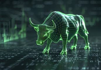 the green stock market chart with bull run in motion as background - obrazy, fototapety, plakaty