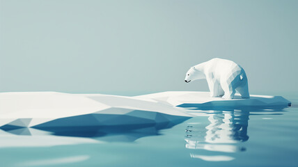 3D minimalist polar bear on a shrinking ice floe, vast blue ocean surrounds, climate crisis visualization