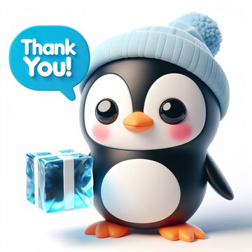 Cute character 3D image of Penguin with ice cube and saying thanks white background