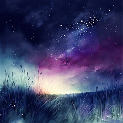 Fototapeta na wymiar Starry night sky over grassy field