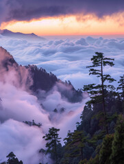 Sunrise scenery of Mount Emei, Sichuan, China,created with Generative AI tecnology.