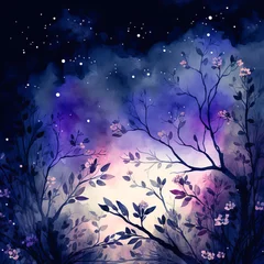 Foto op Canvas Enchanting Night Sky with Trees Silhouette © patrycja_d