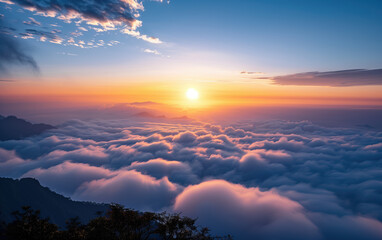 Sunrise scenery of Mount Emei, Sichuan, China,created with Generative AI tecnology. - obrazy, fototapety, plakaty