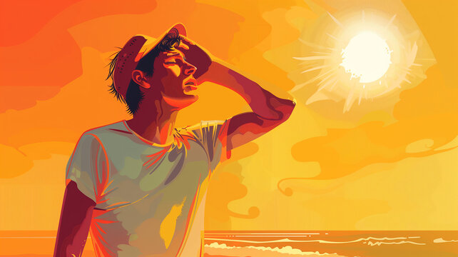 Heat stroke emergency tips banner, engaging illustration with side copy space, educational background