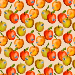 Red and yellow apples, green leaves. Fresh Apples with stickers. Hand drawn illustration. Paint brush style. Square seamless Pattern. Background, wallpaper. Repeating design element for printing - 778290855