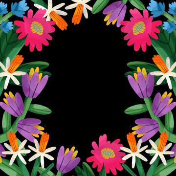 Colorful frame or wreath with flowers and leaves. Hand drawn floral illustration. Greeting card, poster, invitation, banner, flyer template