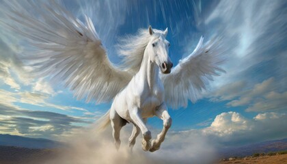 Obraz na płótnie Canvas A beautiful white horse with big white wings running in the sky with its wings spread