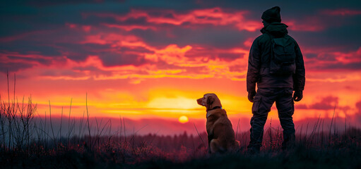 Naklejka premium male hunter standing with a dog in a field at sunset in autumn hunting in wild nature