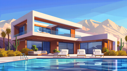 Modern villa with outdoor pool and sunbeds - obrazy, fototapety, plakaty