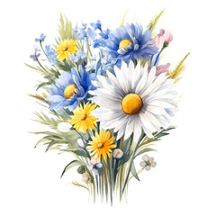 Fototapeta premium Watercolor painting of daisies and blue wildflowers with foliage