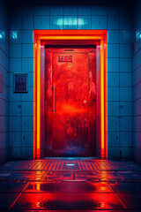 a red door with a neon light around 