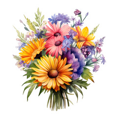 Watercolor painting of a colorful bouquet with gerberas and wildflowers