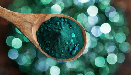 Organic spirulina powder in wooden spoon background and texture, top view