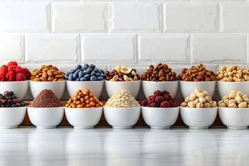 A row of foodfilled bowls showcasing a variety of fruits and nuts