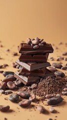 Adorable 3D cocoa beans and chocolate pieces on a minimalist background