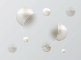 Glass morphism landing page with round transparent frame. Illustration with blurry floating spheres.