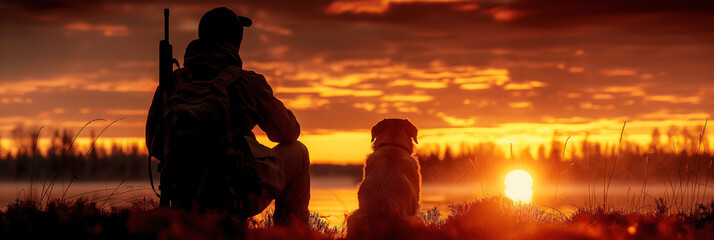 silhouette of male hunter with gun and dog sitting by lake in morning at sunrise hunting ducks