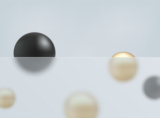 Glass morphism website landing page template. White background and frosted glass partition with gold and black spheres.