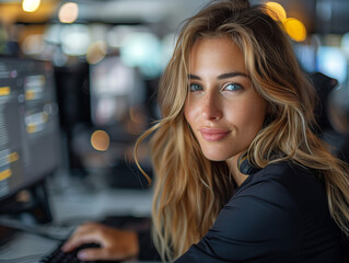 Naklejka premium woman using computer in office