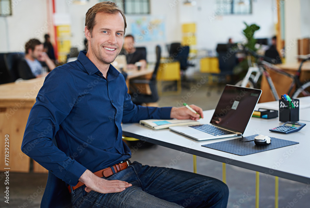 Poster Office, portrait of man or software developer with computer for testing programs, applications and career in workplace. Businessman, notebook and laptop for coding data with smile or professional