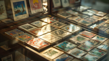Philately Exhibition Display, Warm Toned, Stamp Collection Showcase