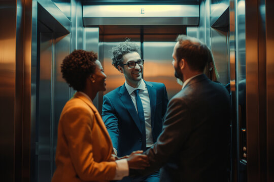 Businessmen and businesswomen greeting each other happily inside the elevator with the door open