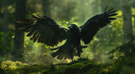 A majestic raven, with its dark plumage and vibrant red eyes stands proudly in the lush green forest of Norway's midnight forests - Powered by Adobe