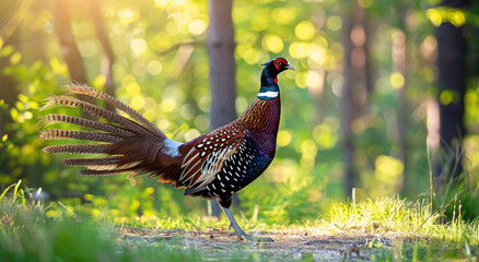 A majestic returning capricornus, also known as the European black trailer pheasant or teldrassahenkko in Finland, is standing on grassy ground with its tail raised and feathers